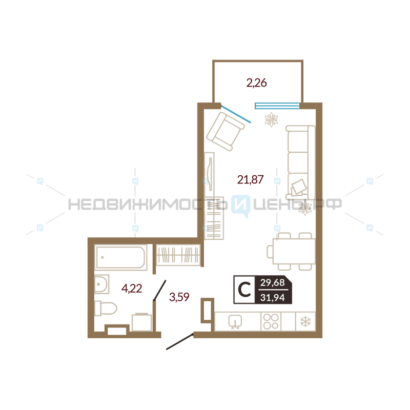 Студия, 31.94м2, 2/4, Озерный, Тюмень