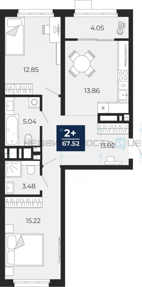 2 комн., 67.52м2, 11/19, Тюмень