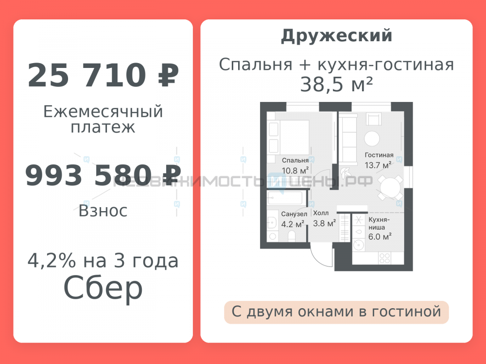 2 комн., 38.5м2, 14/14, Дружеский, Тюмень
