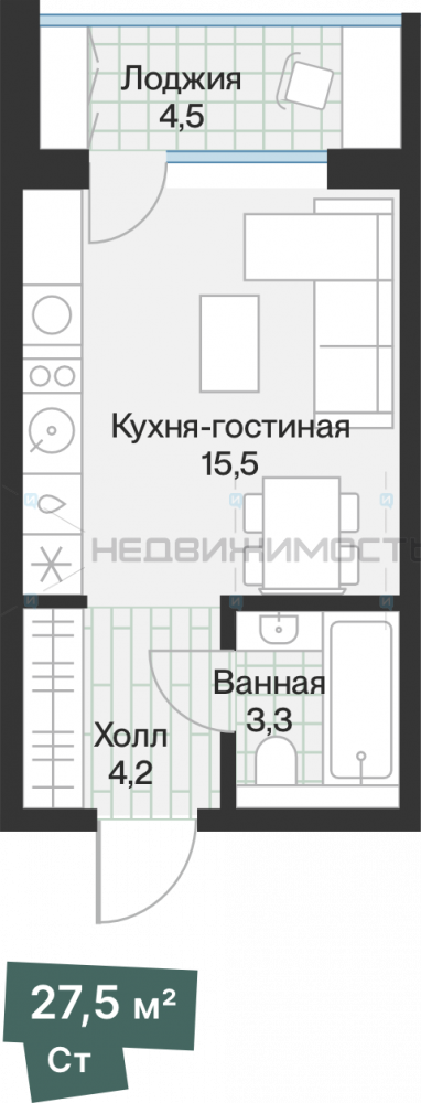 Студия, 23м2, 2/4, Эклипт, Тюмень