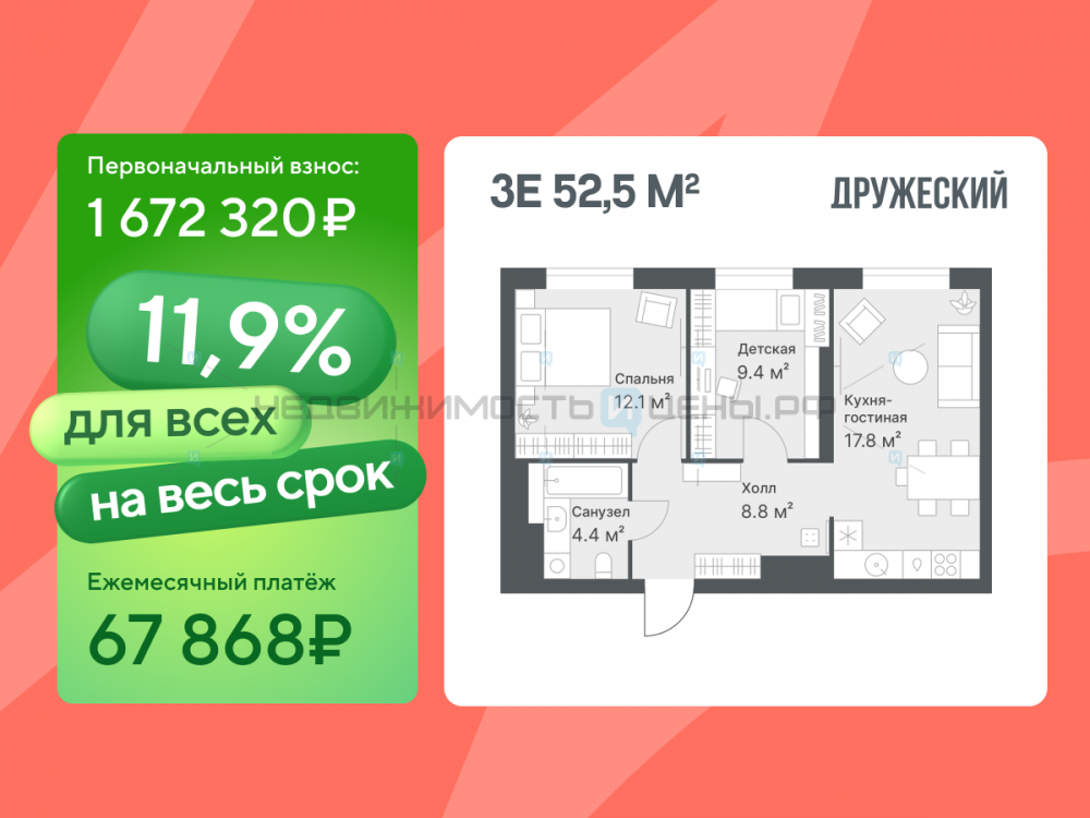 2 комн., 52.5м2, 12/14, Дружеский, Тюмень