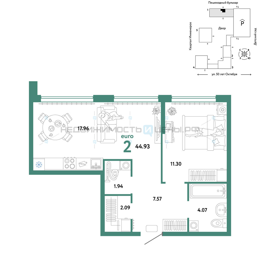 2 комн., 44.93м2, 10/25, Сердце Сибири, Тюмень