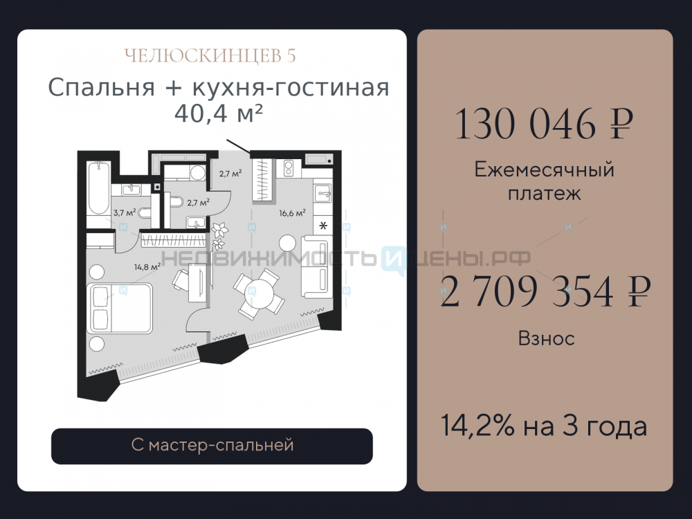 1 комн., 40.4м2, 3/9, Челюскинцев 5, Тюмень