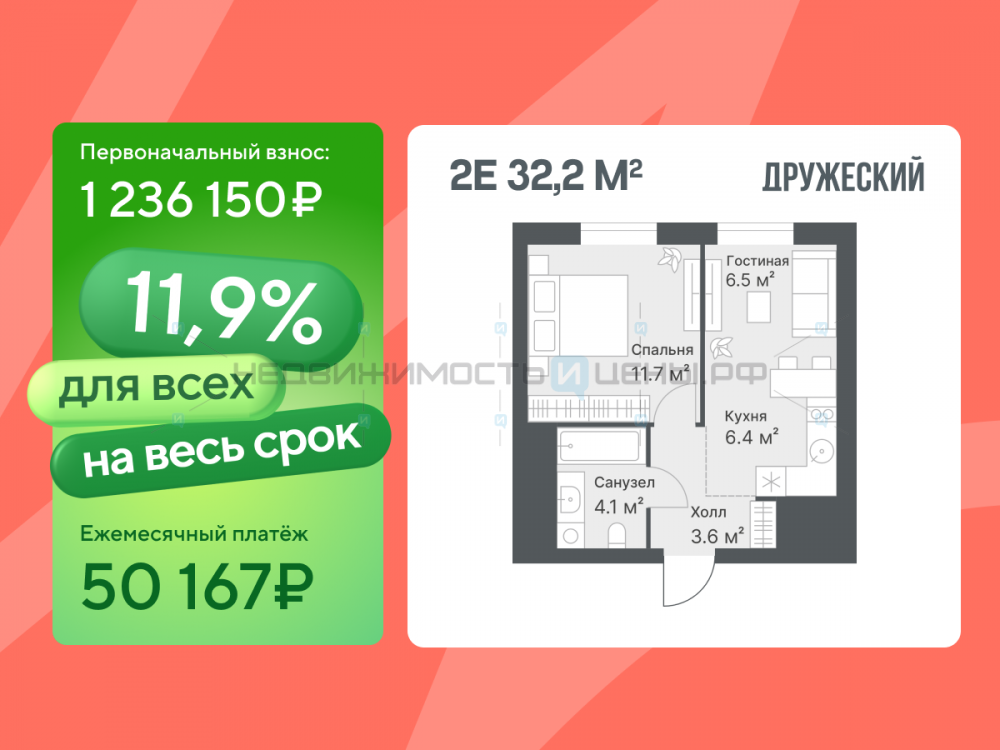 1 комн., 32.1м2, 13/14, Дружеский, Тюмень