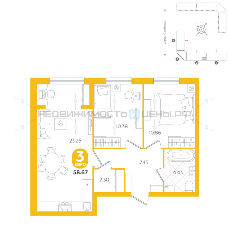 3 комн., 58.67м2, 5/5, Счастье, Тюмень