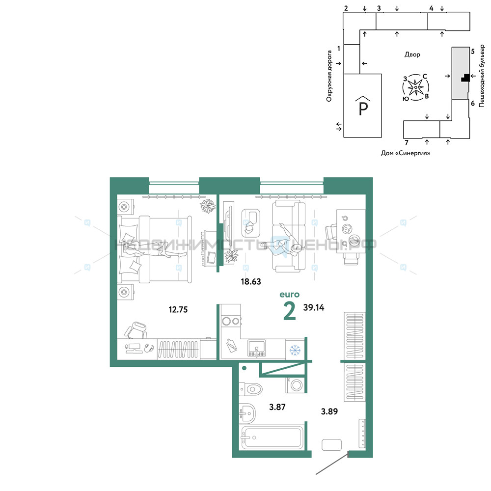 2 комн., 39.14м2, 14/16, Юнион, Тюмень