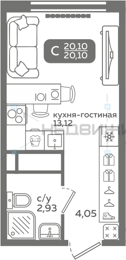 1 комн., 20.1м2, 13/21, Меридиан Слобода, Тюмень
