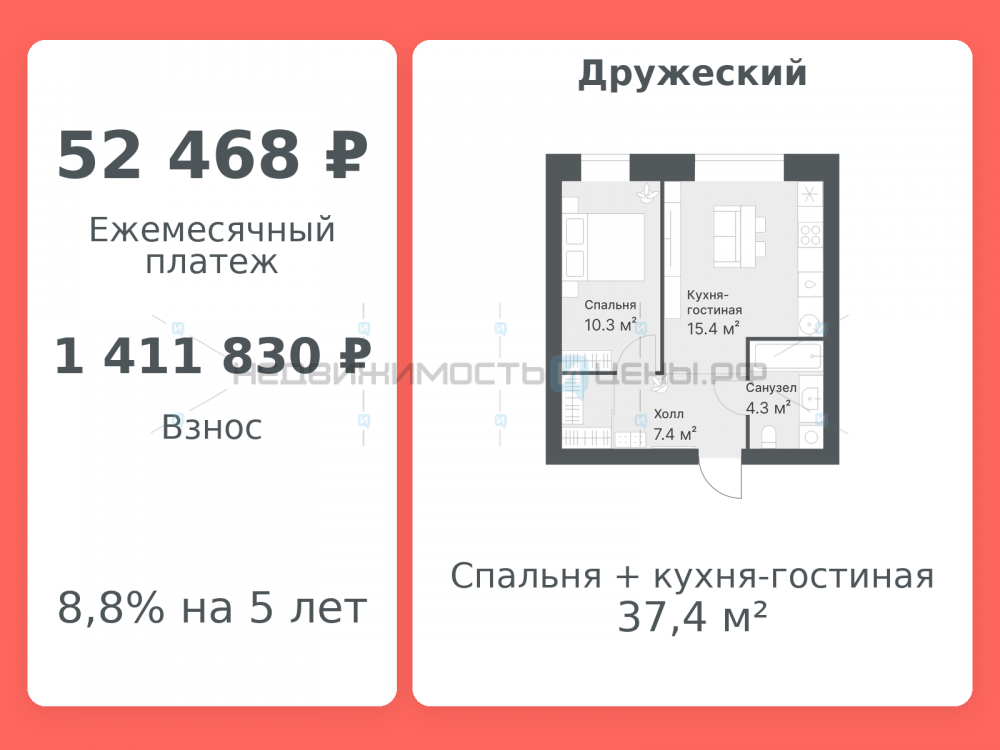 1 комн., 37.4м2, 2/14, Дружеский, Тюмень