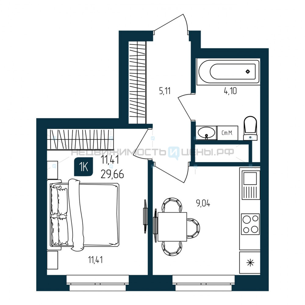1 комн., 29.66м2, 21/25, Квартал Мятный, Тюмень