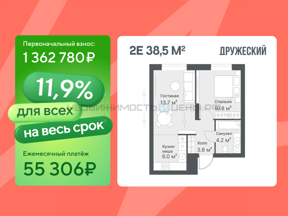 2 комн., 38.5м2, 13/14, Дружеский, Тюмень