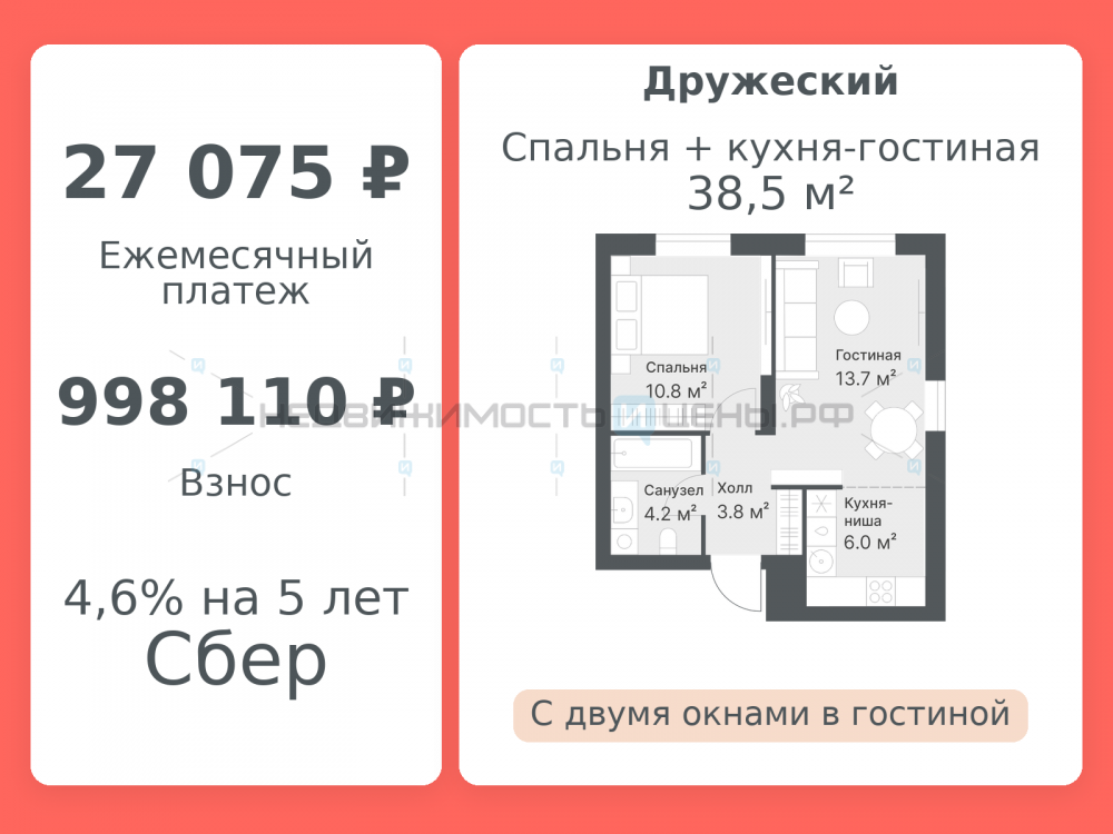 2 комн., 38.5м2, 14/14, Дружеский, Тюмень