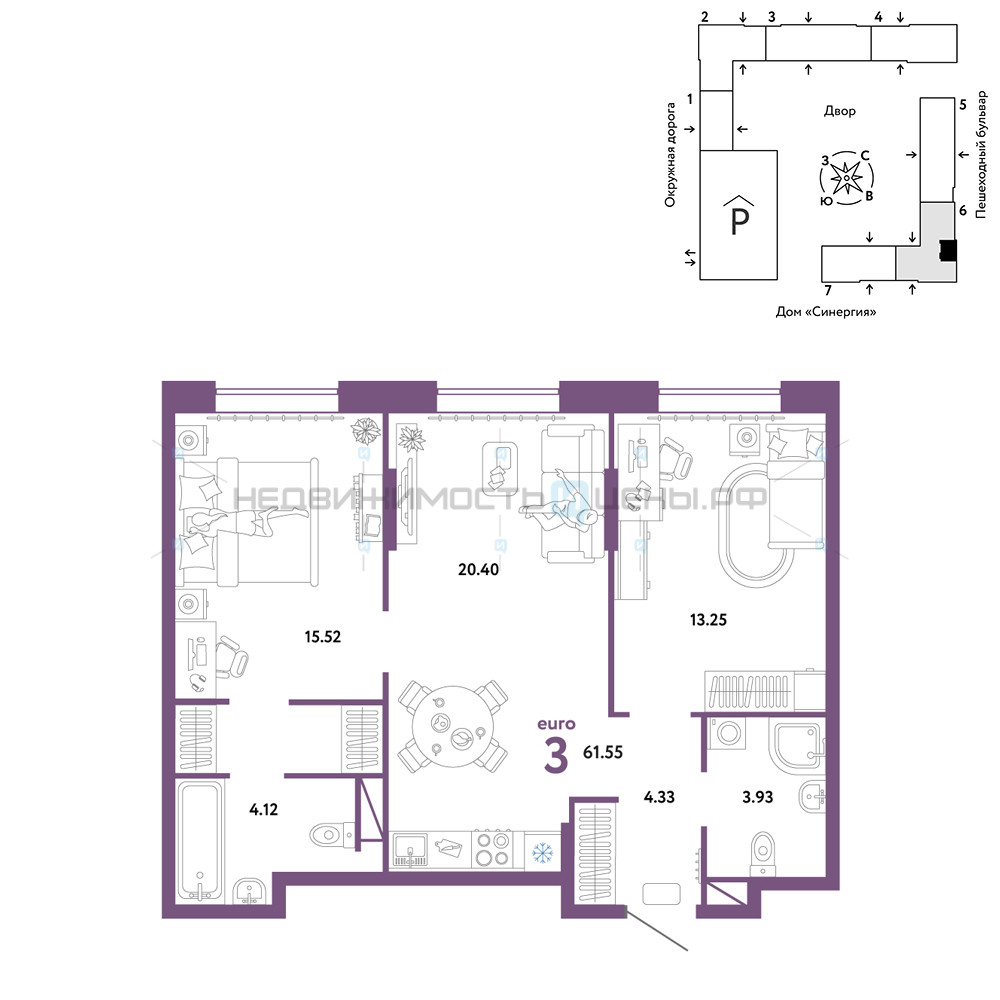 3 комн., 61.55м2, 6/16, Юнион, Тюмень