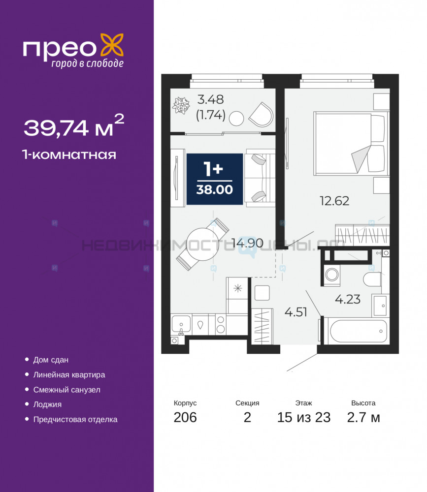 1 комн., 39.74м2, 15/23, Прео, Тюмень