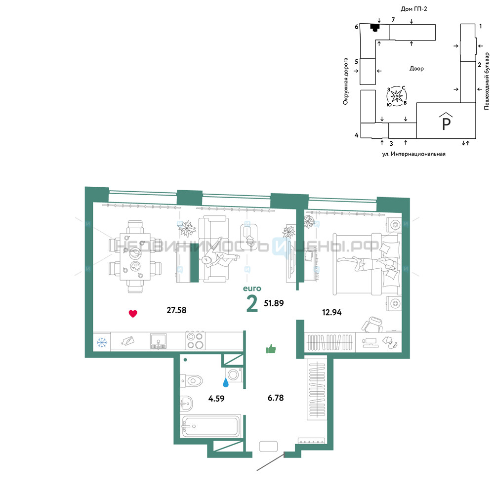 2 комн., 51.89м2, 8/16, Юнион, Тюмень