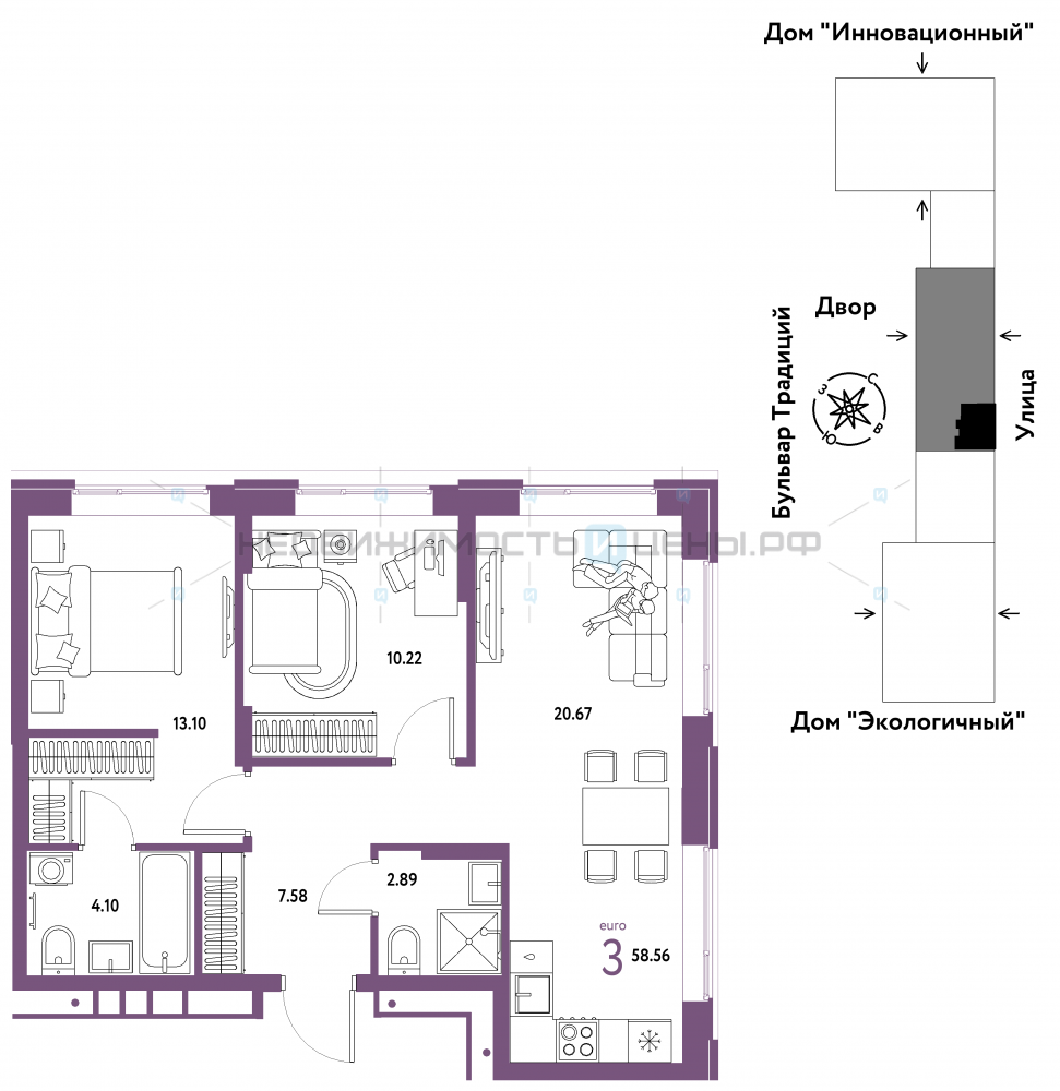 3 комн., 58.56м2, 2/15, Домашний, Тюмень