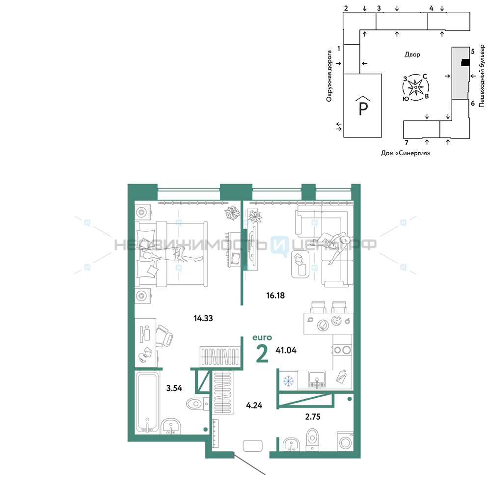 2 комн., 41.04м2, 15/16, Юнион, Тюмень