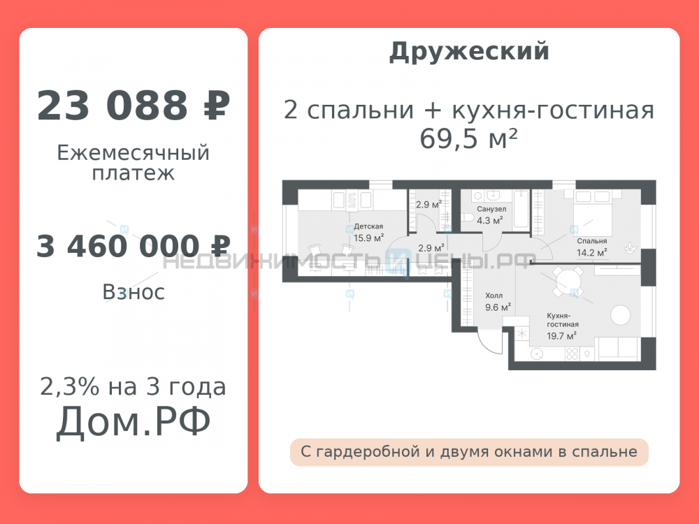 2 комн., 69.5м2, 8/8, Дружеский, Тюмень