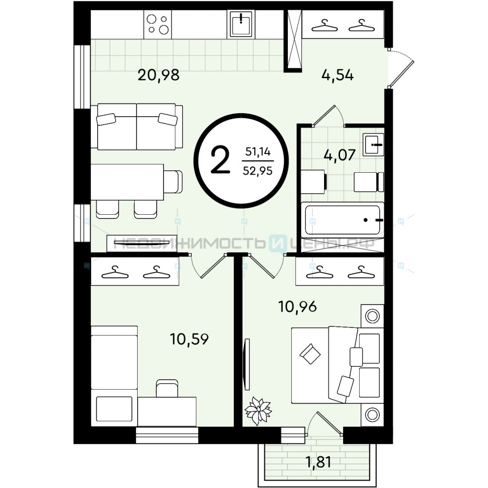 2 комн., 52.95м2, 4/4, Зеленые Аллеи, Тюмень