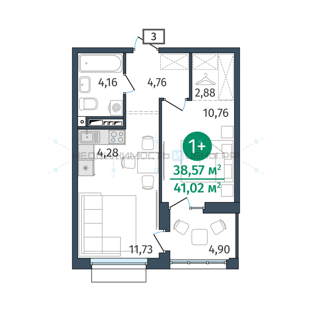 1 комн., 38.57м2, 7/25, Этика, Тюмень