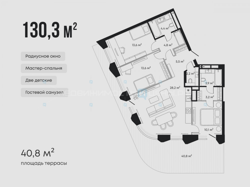 3 комн., 130.3м2, 2/9, Челюскинцев 5, Тюмень