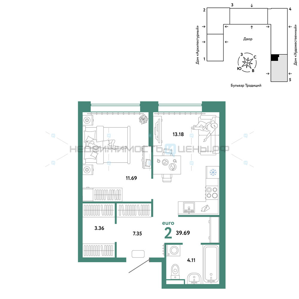 2 комн., 39.69м2, 8/15, Домашний, Тюмень