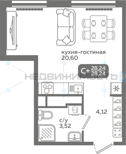 1 комн., 28.24м2, 20/21, Меридиан Слобода, Тюмень