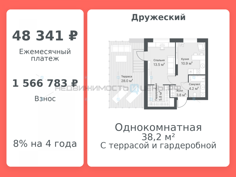 1 комн., 38.2м2, 12/14, Дружеский, Тюмень