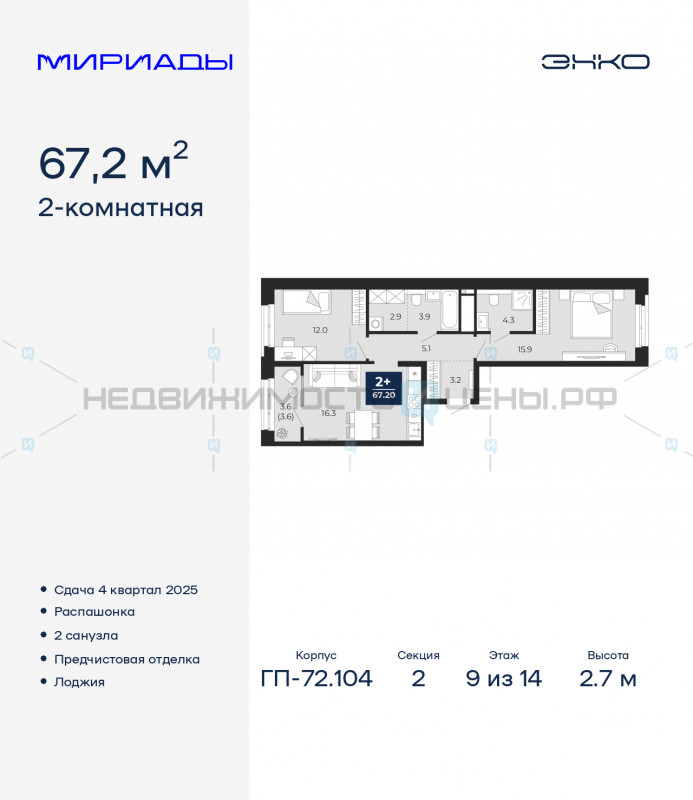 2 комн., 67.2м2, 9/18, Мириады, Тюмень