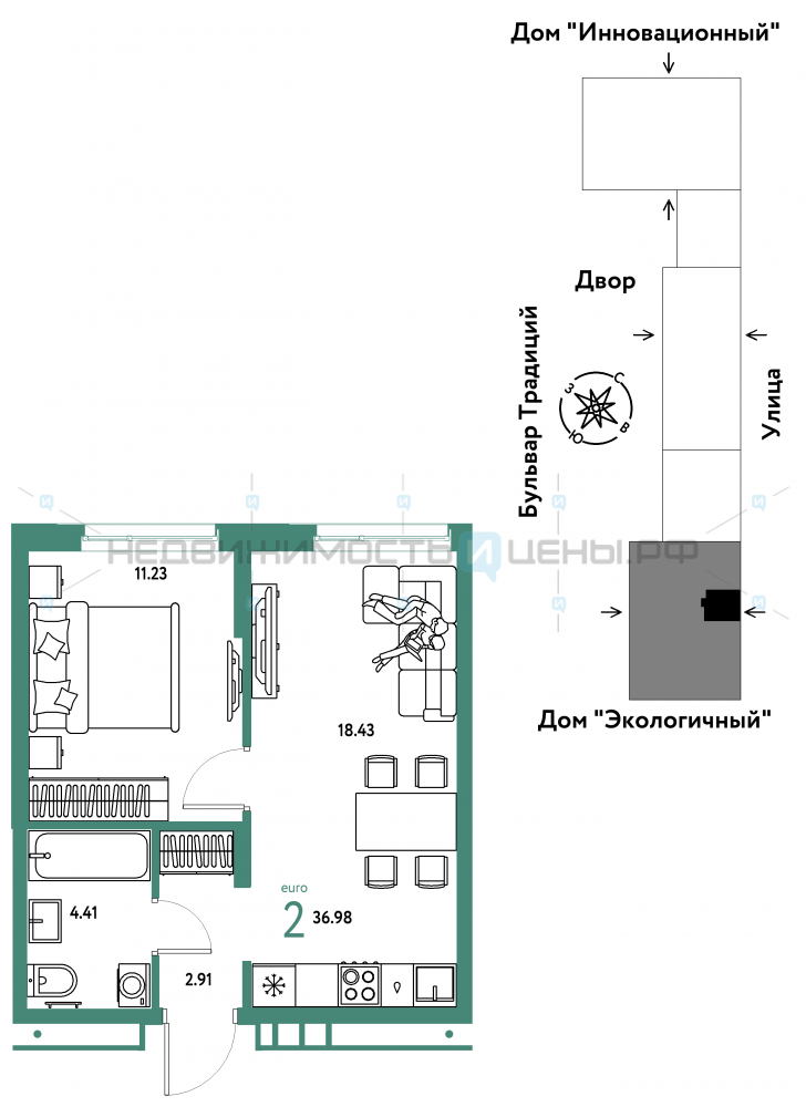 2 комн., 36.98м2, 15/15, Домашний, Тюмень