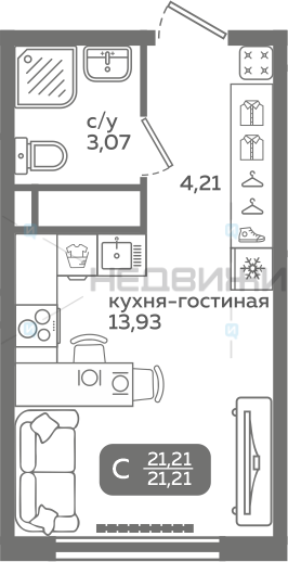 1 комн., 21.21м2, 16/21, Меридиан Слобода, Тюмень