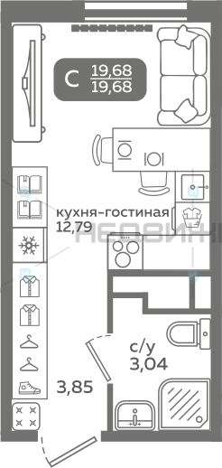 1 комн., 19.68м2, 8/21, Меридиан Слобода, Тюмень
