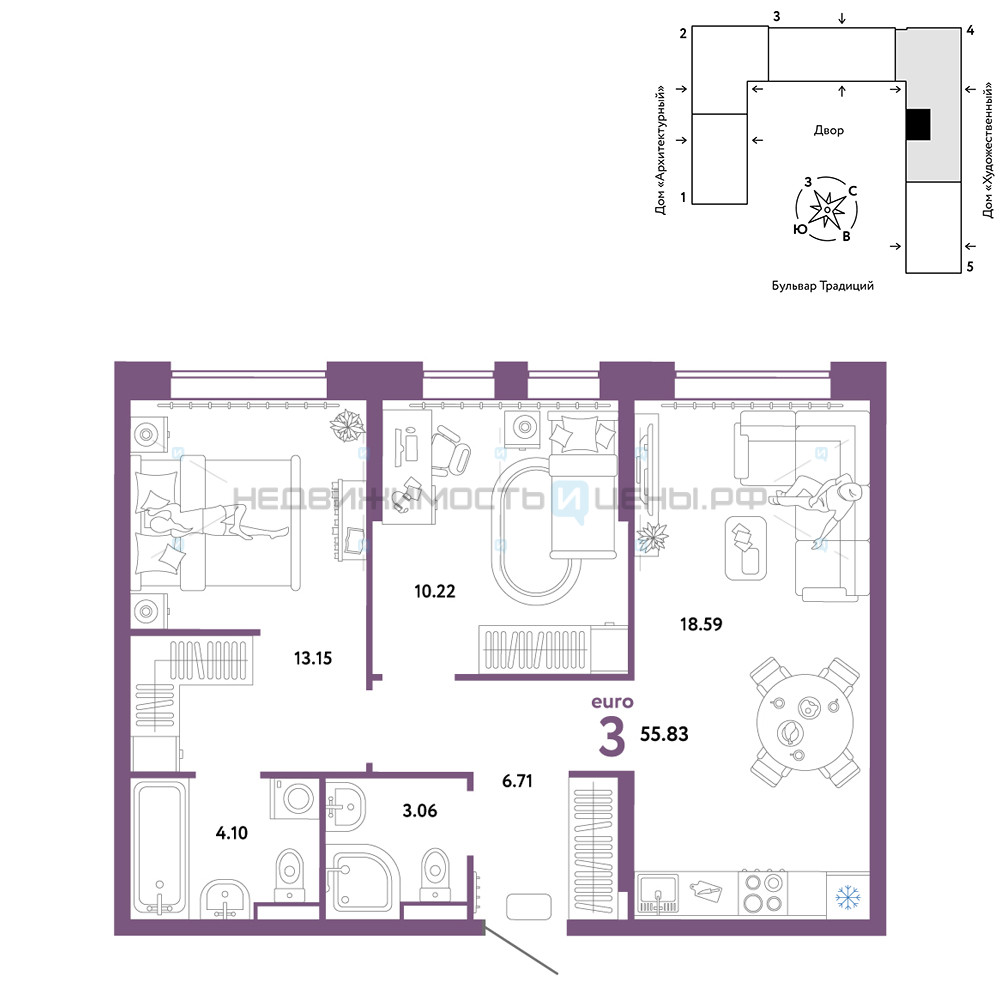 3 комн., 55.83м2, 10/15, Домашний, Тюмень