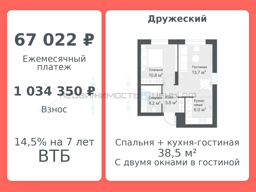 2 комн., 38.5м2, 14/14, Дружеский, Тюмень