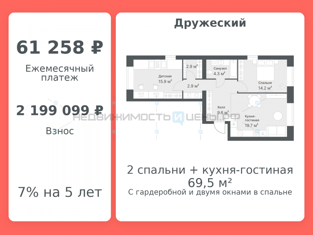 2 комн., 69.5м2, 8/8, Дружеский, Тюмень