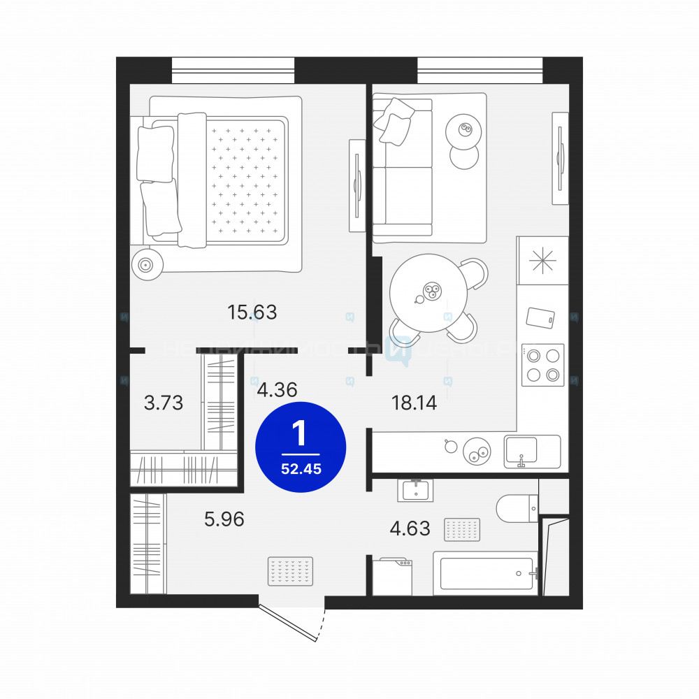 1 комн., 52.45м2, 14/17, Северное Сияние, Тюмень