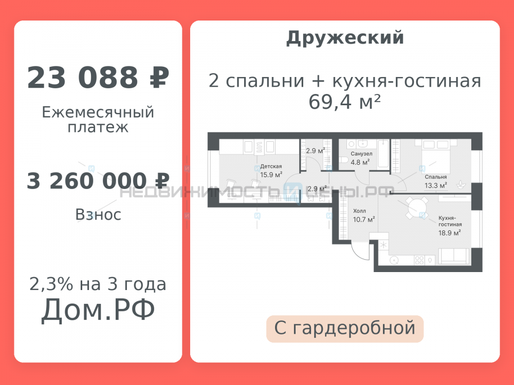 2 комн., 69.4м2, 10/14, Дружеский, Тюмень
