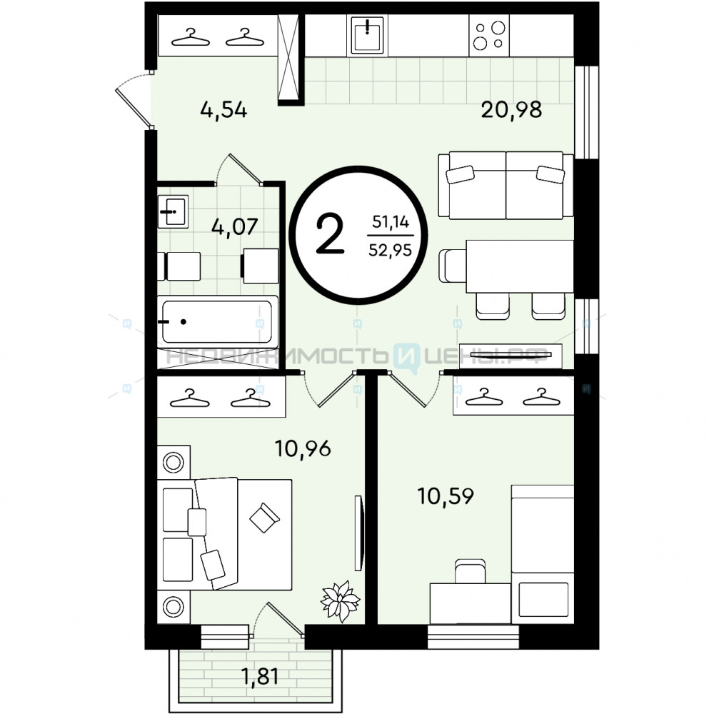 2 комн., 52.95м2, 4/4, Зеленые Аллеи, Тюмень