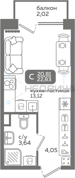 1 комн., 20.81м2, 2/21, Меридиан Слобода, Тюмень