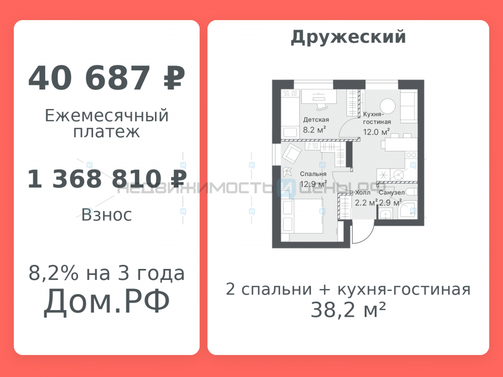 1 комн., 38.2м2, 13/14, Дружеский, Тюмень