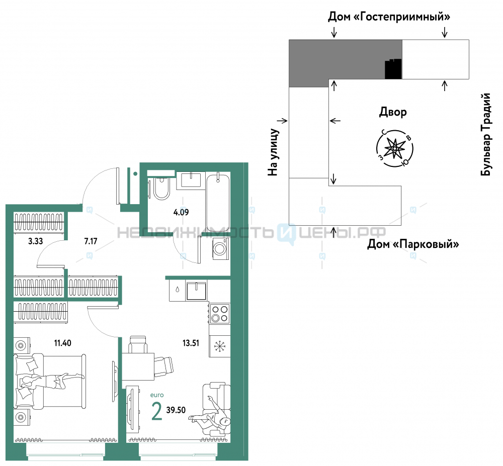 2 комн., 39.5м2, 14/15, Домашний, Тюмень