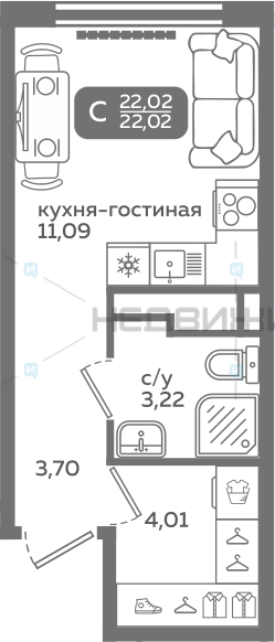 1 комн., 22.02м2, 12/21, Меридиан Слобода, Тюмень