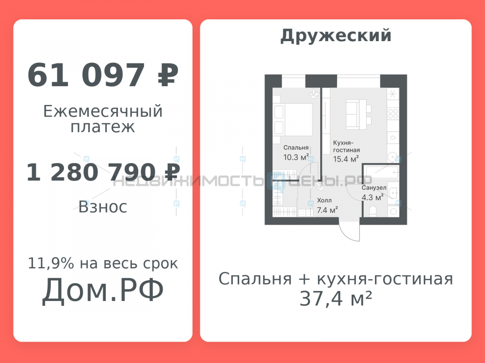 1 комн., 37.4м2, 2/14, Дружеский, Тюмень