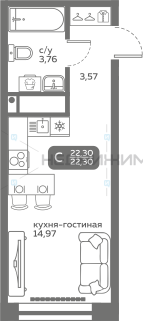 1 комн., 22.3м2, 2/20, Меридиан Слобода, Тюмень