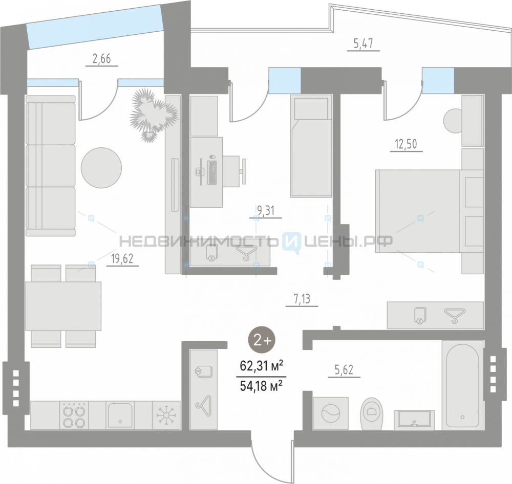 2 комн., 62.31м2, 2/4, Кипрея. Квартиры, Тюмень