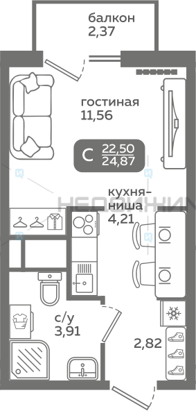 1 комн., 22.5м2, 11/21, Меридиан Слобода, Тюмень