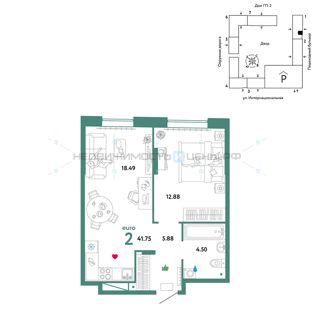 2 комн., 41.75м2, 2/16, Юнион, Тюмень