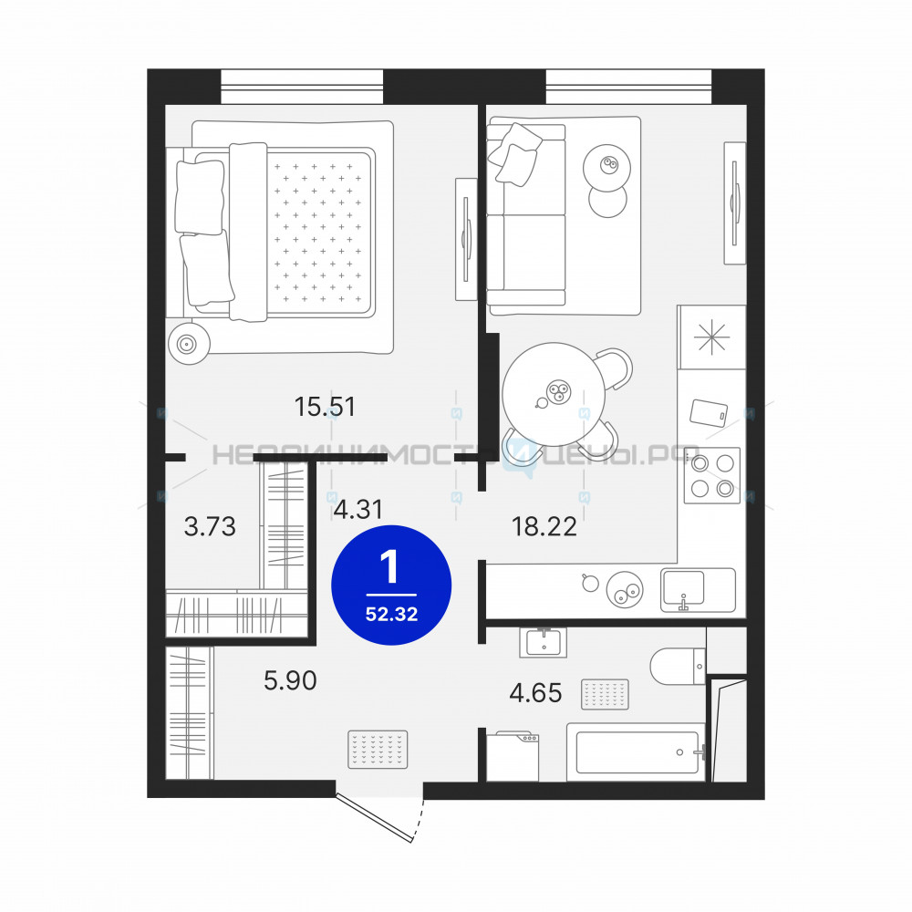 1 комн., 52.32м2, 2/17, Северное Сияние, Тюмень