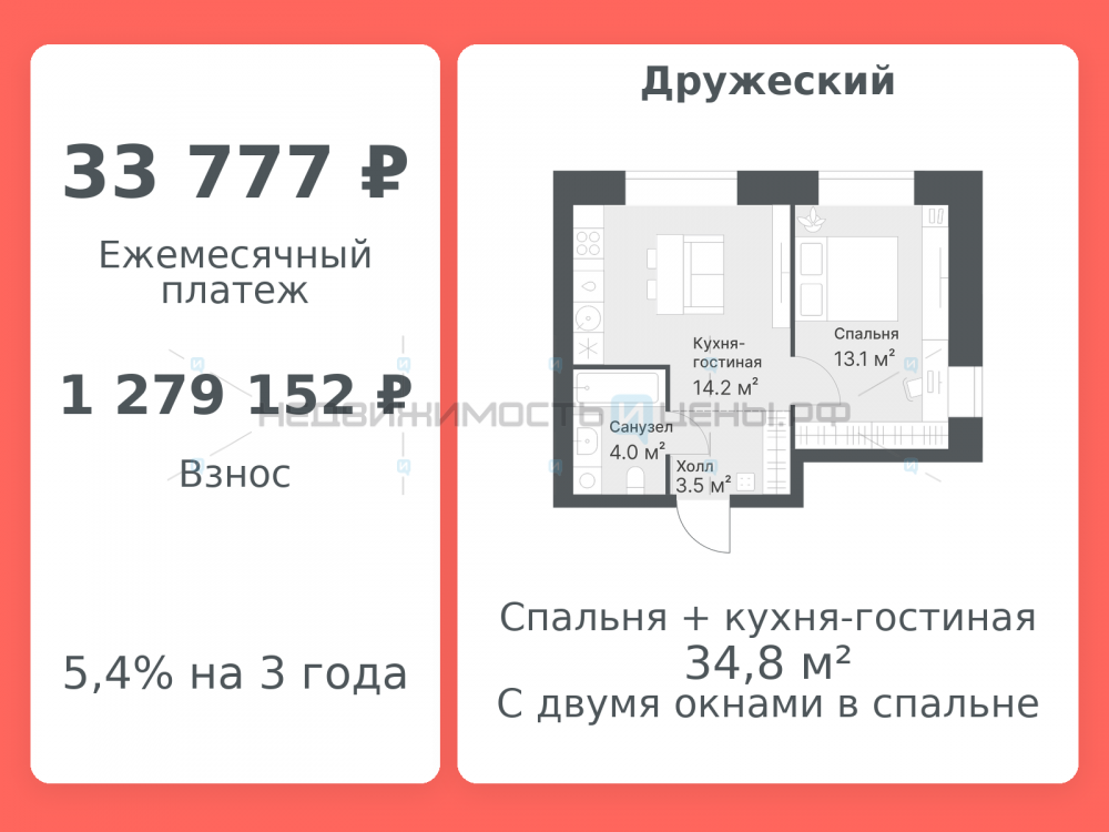 2 комн., 34.8м2, 2/8, Дружеский, Тюмень
