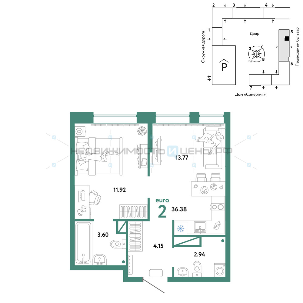 2 комн., 36.38м2, 5/16, Юнион, Тюмень