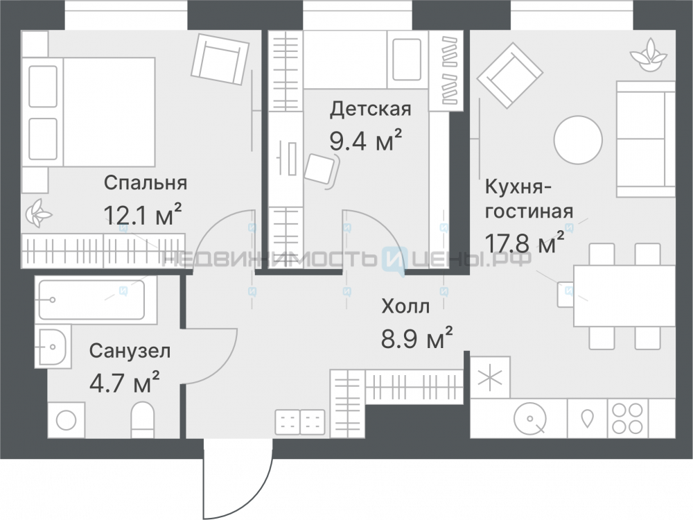 2 комн., 52.9м2, 4/14, Дружеский, Тюмень